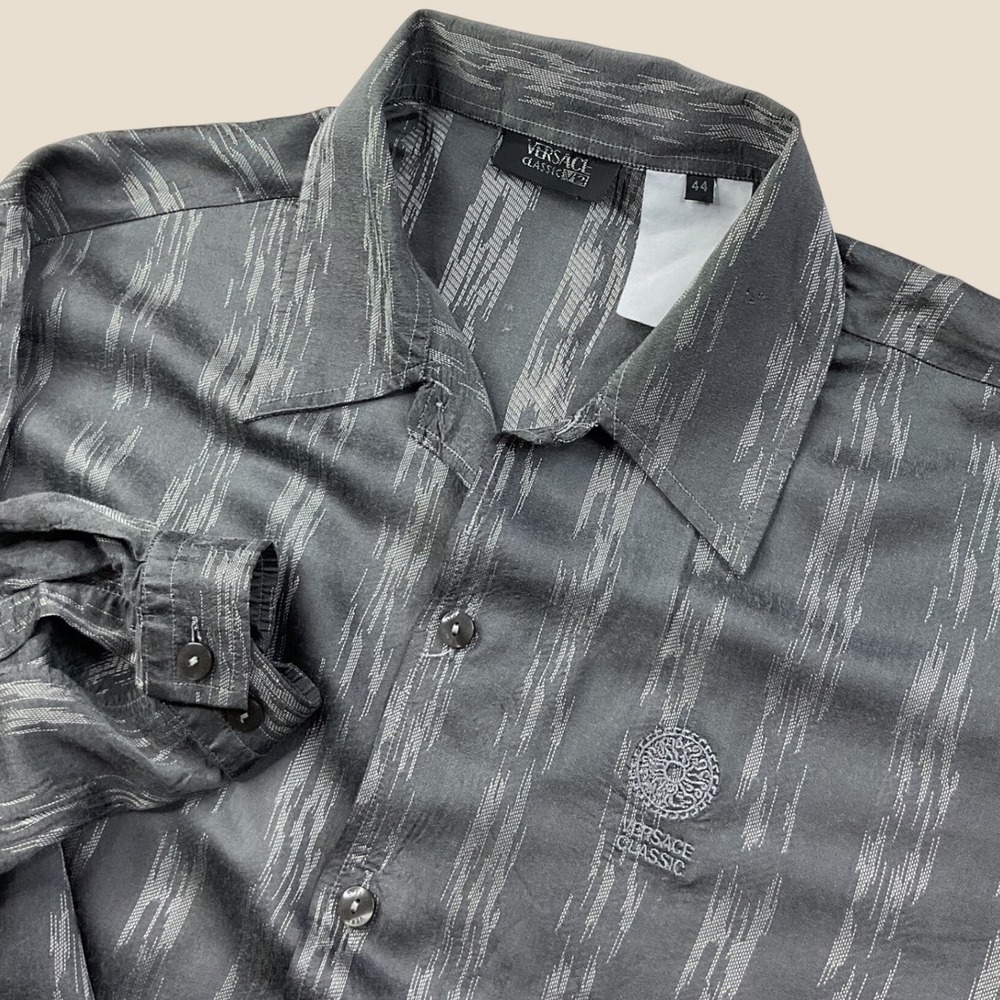 Versace Classic V2 Mens Grey Silver Stripe Long Sleeve Button Up Shirt Size 44